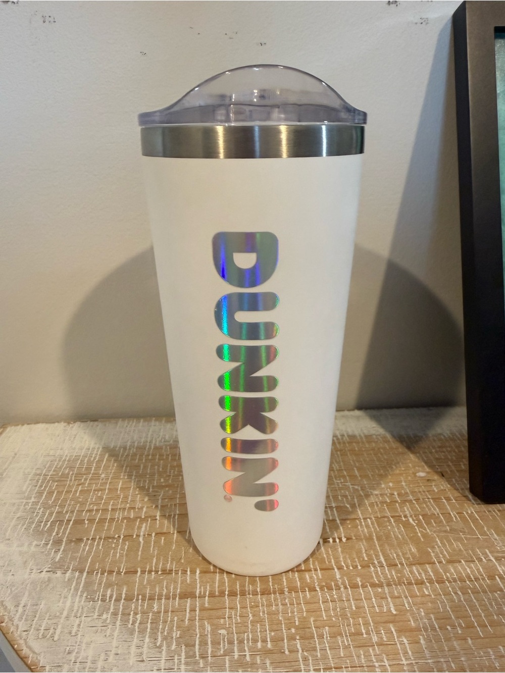 White Travel Tumbler with Holographic Logo and Clear Lid